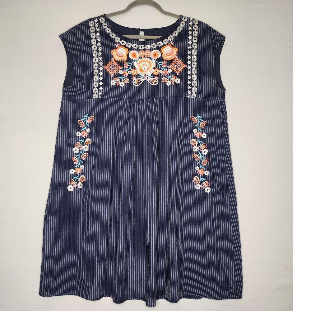Asherkate Womans Ennis Embroidered Blue Pinstripe Mini Dress XL Cap Sleeve Flowy